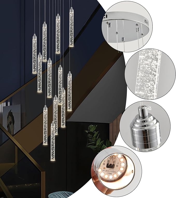 12-Lights High Ceiling Crystal Staircase Chandelier Chrome, Modern Spiral Raindrop Dimmable LED Bubble Cluster Ceiling Hanging Lighting Fixture for Foyer Living Room Entrance Remote Control