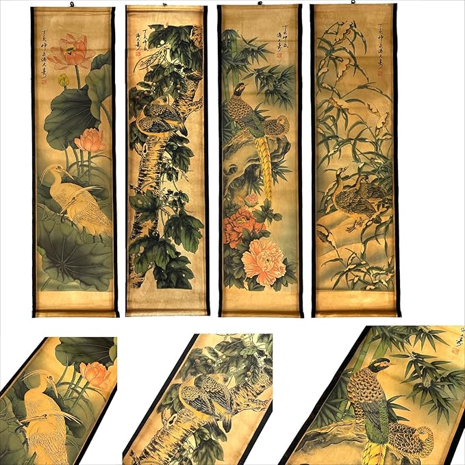 CIFIBIFUN Wall Asia Art Prints Posters Painting Plant Flower Vintage Style,4 Panels Old Paper Scroll, Home Walls Decor (Super Old Aging Paper, B Plants Birds)