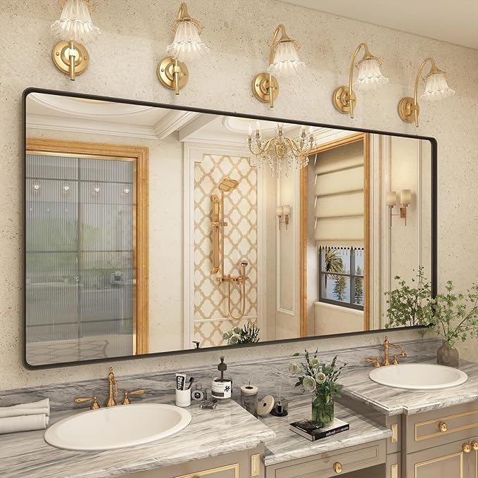 OKPAL 72X36 Inch Black Metal Frame Bathroom Mirror, Black Large Rounded Rectangle Mirror for Wall, Matte Black Bathroom Vanity Mirror, Large Modern Bathroom Mirror, Anti-Rust, Shatterproof