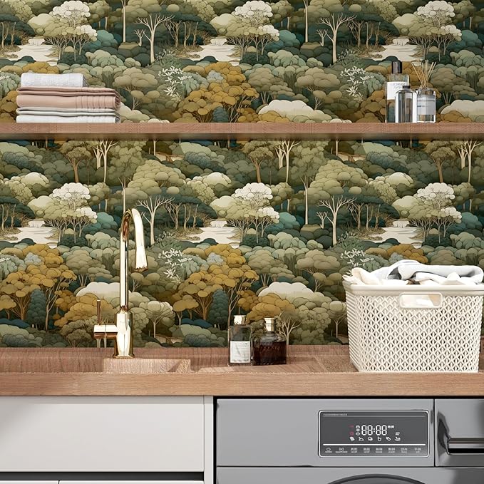 Autumn Forest Wallpaper Peel and Stick Vintage Yellow Trees Woodland Contact Paper 17.4" x 393" Waterproof Self-Adhesive Wall Paper for Bedroom Countertop Desk Cabinets Shelf Decor Renter Friendly