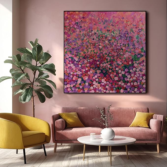 46"x46" XL Framed Wall Art Colorful Wildflower Garden Abstract Pink and Red Floral Field (Frame Assembly Required)