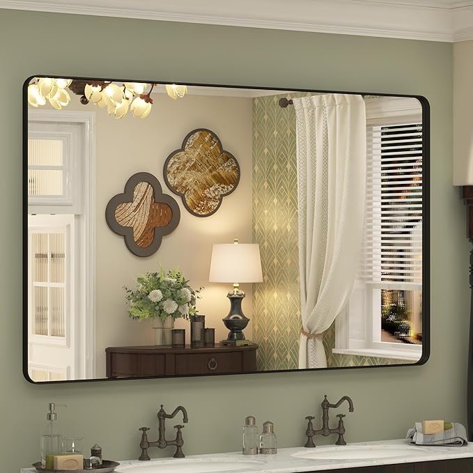 60x36 Inch Black Framed Bathroom Mirror for Wall, Large Matte Black Bathroom Vanity Mirror, Rounded Rectangle Mirror, Anti-Rust, Shatterproof, Hangs Horizontally or Vertically