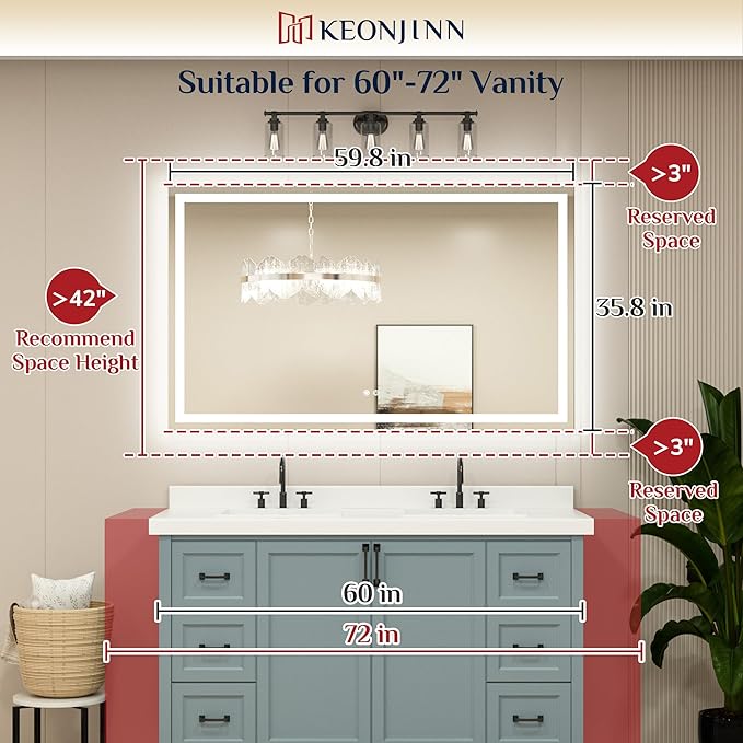 Keonjinn LED Bathroom Mirror with Light 60 x 36 Inch, Frontlit & Backlit Vanity Mirrors with 3 Color Lights, Large Stepless Dimmable Mirror with Anti-Fog, HD Tempered Glass, UL-Listed LED Driver