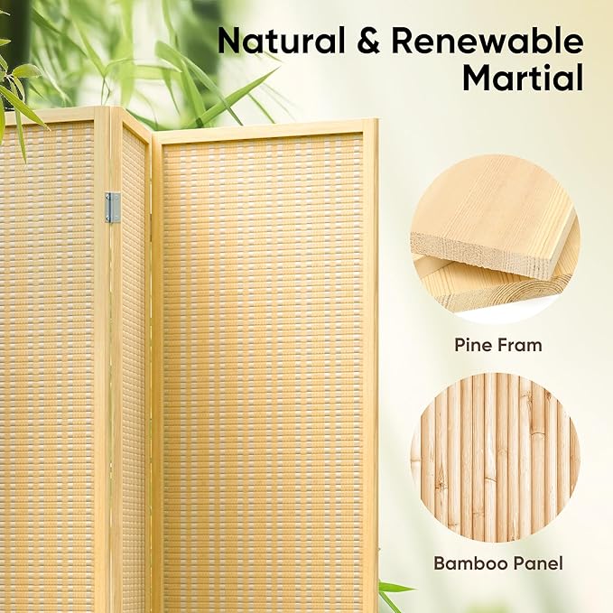 JOSTYLE Room Divider Folding Privacy Screen, 6 Panel Room Divider Screen - 6 ft. Tall Bamboo Divider Panel for Room Separation Freestanding Partition Wall, Beige