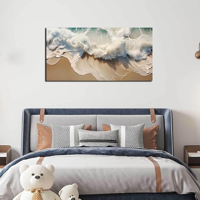 Ocean Waves Canvas Wall Art for Living Room, Beach Scenery View Home Decor Picture, Sea Waves Canvas Wall-Decoration, Seaside Scene Decorative Print Artwork for Office Bedroom, Size 40x20 Inches