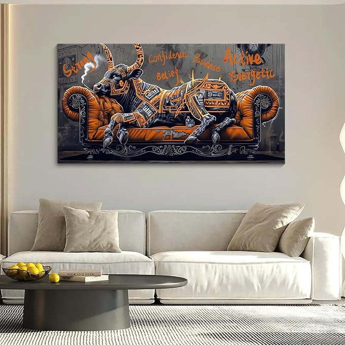 JEAWA Canvas Wall Art Decor - Large Creative Wall Art for Bedroom Living Room Bathroom, Modern Artwork Decor for Home Decoration, Strong Bull Color Graffiti, 29x58 IN