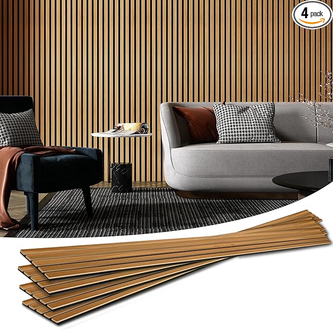 Art3d 4-Pack 94.5 x 7.9 inch Acoustic Wood Slat Wall Panels for Interior Decor, 3D Fluted Sound Absorbing Wood Paneling for Accent Wall Ceiling Kitchen Living Room Bedroom Office, Warm Teak