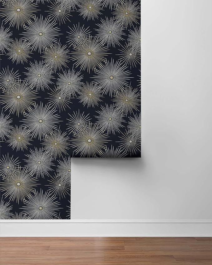 NextWall Star Burst Geo Mid Century Peel and Stick Wallpaper (Midnight Blue & Metallic Gold)