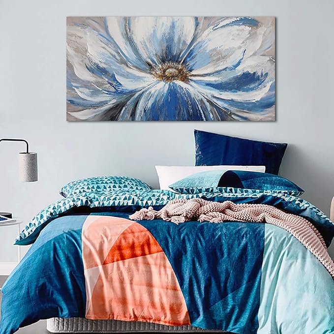 Mofutinpo Large Flower Canvas Wall Art for Living Room Large White Blue Flower Picture Giclee Prints Painting Wall Decor Artwork Ready to Hang for Home Bedroom Wall Decoration Size 29x58