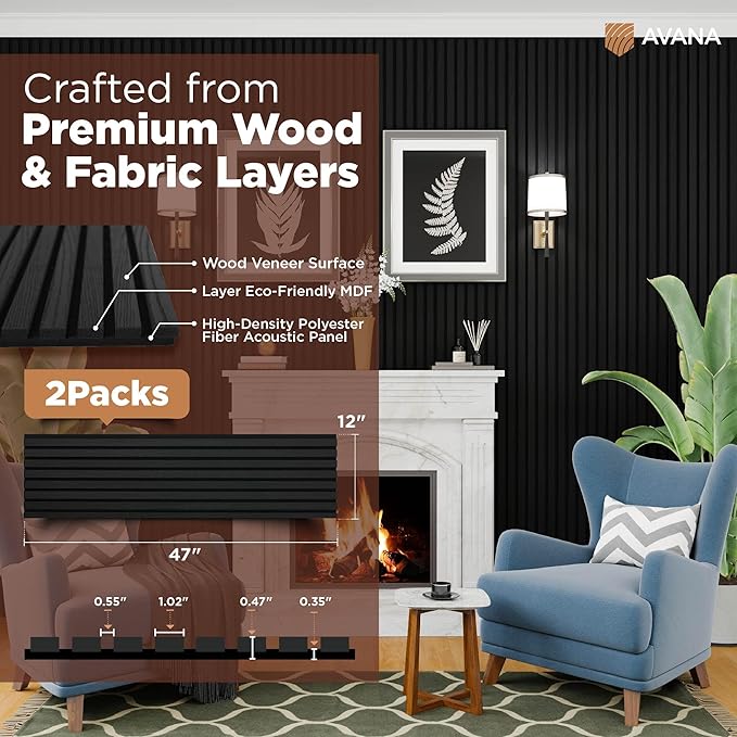 Avana Modern Acoustic Wood Wall Panels – 47.2 X 12.6 Inch Black Oak Acoustic 2 PCs – Wall Panels For Interior Wall Decor For Homes, Offices, Studios – Sturdy And Durable Wood Panels For Wall