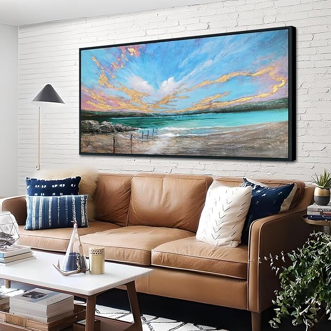 Arjun Ocean Canvas Wall Art Teal Coastal Beach Painting Blue Sky Nature Turquoise Landscape Panoramic Picture Textured Artwork for Living Room Bedroom Wall Decor, Large Size Black Wood Framed 40"x20"