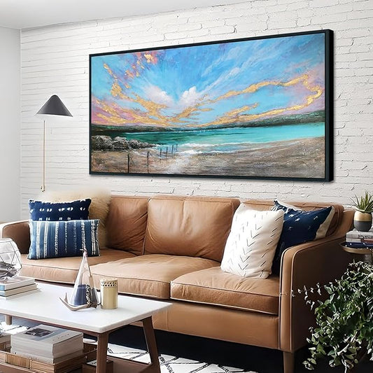Arjun Ocean Canvas Wall Art Teal Coastal Beach Painting Blue Sky Nature Turquoise Landscape Panoramic Picture Textured Artwork for Living Room Bedroom Wall Decor, Large Size Black Wood Framed 40"x20"