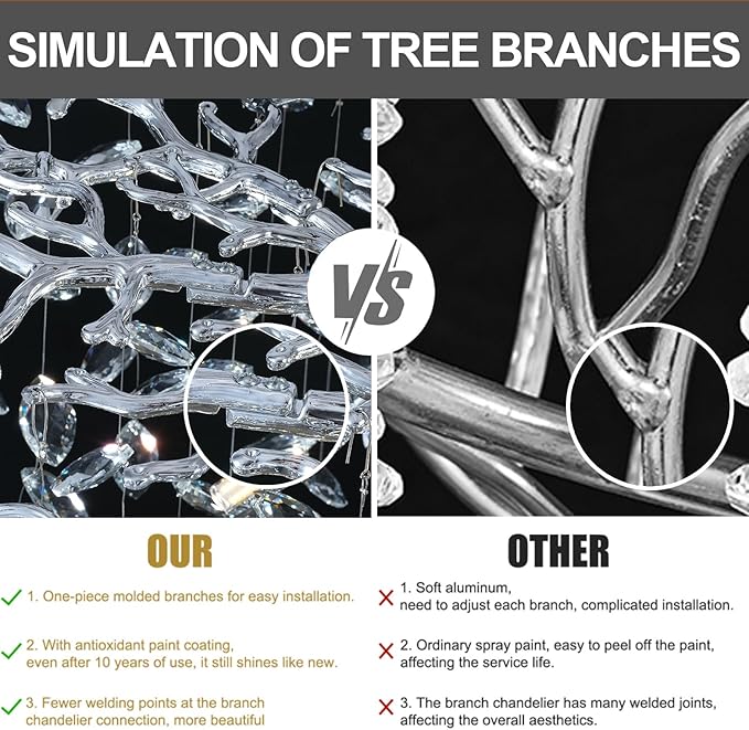 Modern Crystal Silver Chandeliers,72" Large Rectangular Chandeliers for Dining Room, Tree Branch Crystal Lving Room Chandelier,Dining Room Over Table Chandelier,Fixture Height-Adjustable