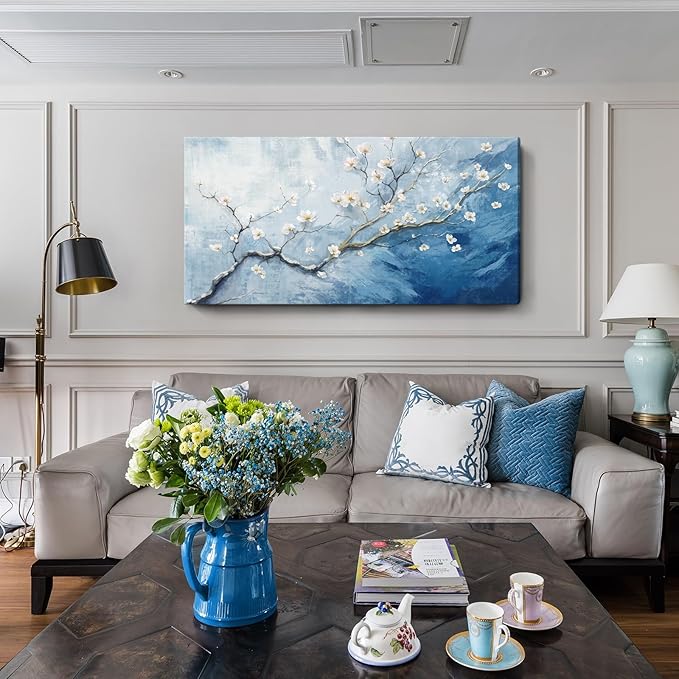 Nicetop Extra Large Canvas Art Wall Decor - Plum Blossom Art Prints - Oversized Abstract Sky Ocean Floral Botanical Artwork, Big Wall Picture Modern Coastal Home Bedroom Living Room Office 58x29 Inch