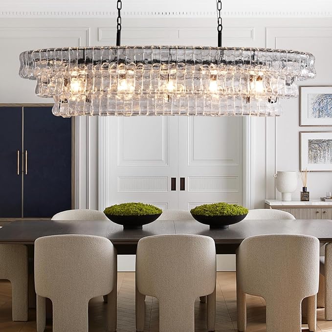 54 Inch Large Rectangular Black Chandelier for Dining Room, Clear Glass Drum Modern Pendant Light Fixture, Extra Long Kitchen Island Lighting
