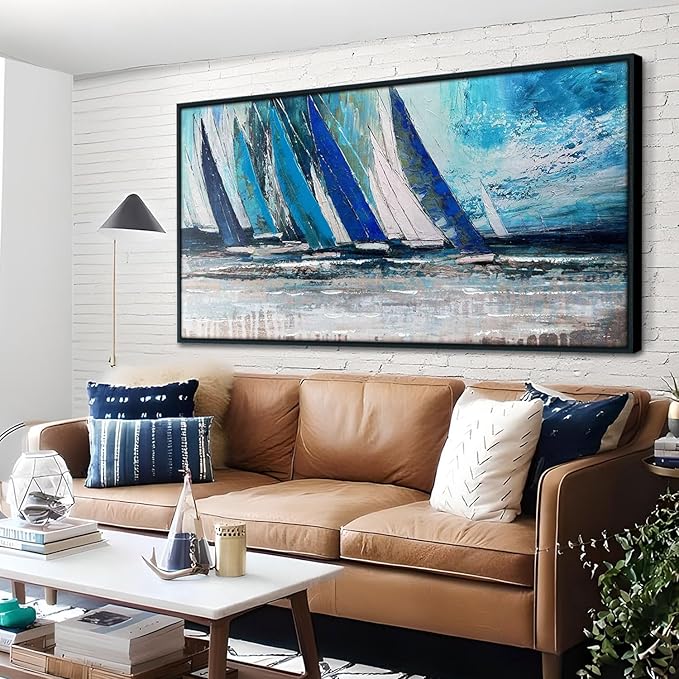 Arjun Framed Wall Art Blue Extra Large Abstract Wall Art Canvas for Living Room, Teal Coastal Nautical Sailboat Picture Painting Artwork Bedroom Home Office Wall Decor, Black Wood 58"x29"