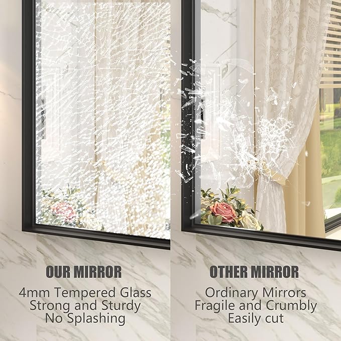 44x36 Inch Black Metal Framed Wall Mirror for Wall, Matte Black Rectangle Mirror, Bathroom Vanity Mirror with Square Corner, Shatterproof, Anti-Rust (Horizontal/Vertical)