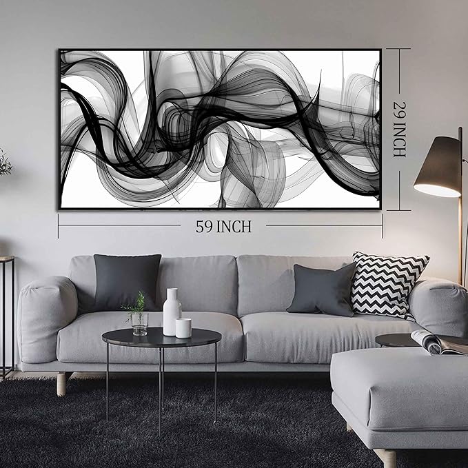Abstract Wall Art for Living Room, Black and White Canvas Wall Decor for Bedroom, Smoke Picture Print, Large Size 59 x 29 Inches Framed