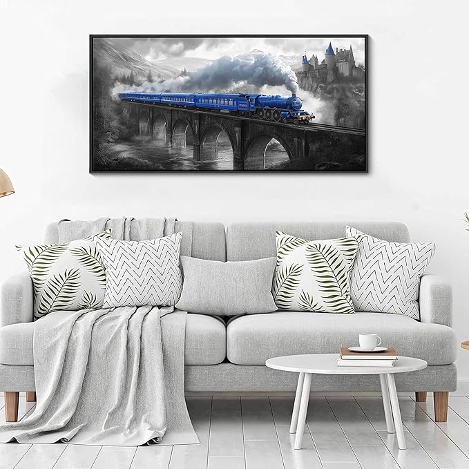 JEAWA Framed Canvas Wall Art - 20x40 IN Blue White Gray Landscape Wall Decor, Picture with Castle Bridge Train, Art Prints for Living Room Bedroom Bathroom Home Decoration