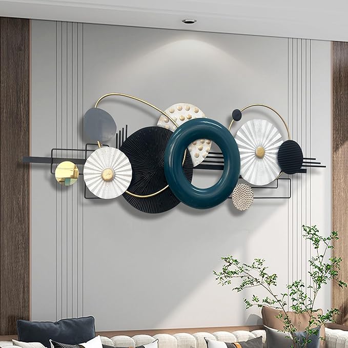 Modern Abstract Metal Wall Art, Large 59x 21 Inches Wall Sculptures, Geometric Circles Design Wall Decor, Blue Black White, Wall Decors for Living Room Bathroom Bedroom Dining Room
