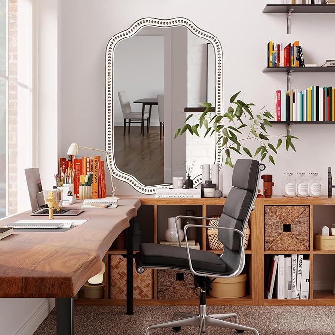 24x36 Inch Wooden Scalloped Farmhouse Mirror for Wall Decor, Rustic Decorative Mirrors for Living Room, Bedroom, Entryway, Bathroom Over Sink - Horizontal/Vertical Mount