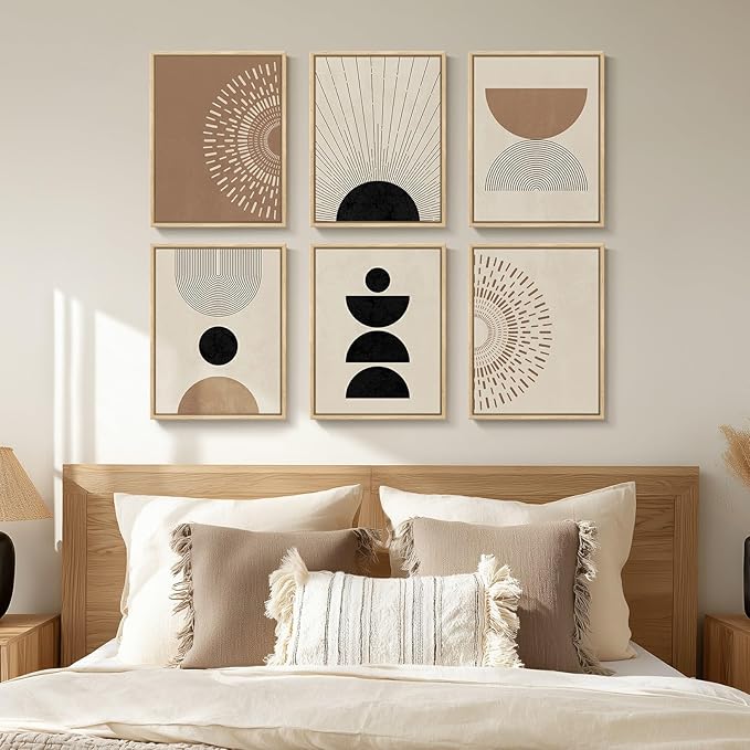 6 Piece Framed Boho Neutral Wall Art Set, Modern Abstract Geometric Canvas Painting Prints, Brown Black and Beige Minimalist Picture Artworks for Living Room Dining Room Bedroom 11x14 Inch