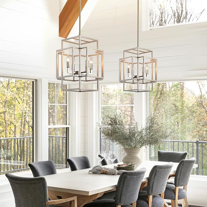 16.5" Modern Chandelier, 4-Light Farmhouse Foyer Lighting Fixtures, Hanging Kitchen Island Pendant Light, Industrial Sliver Lantern Pendant Lights, for Entryway Staircase Hallway