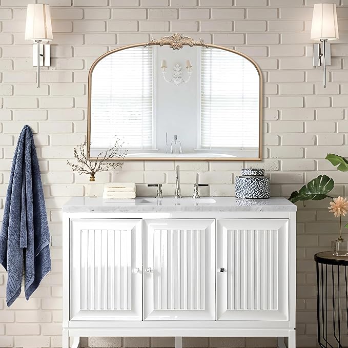 Arched Vintage Gold Mirror: 40"x30" Large Champagne Gold Antique Wall Mounted Mirror - Baroque Traditional Ornate for Fireplace/Bathroom/Living Room - Home Decor for Housewife