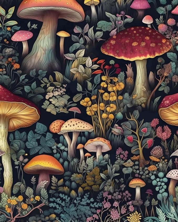 Black Colorful Mushroom Contact Paper Floral Wallpaper Peel and Stick Vintage Wall Paper for Backsplash Kitchen Cabinet Removable Waterproof 17.5 x 118In