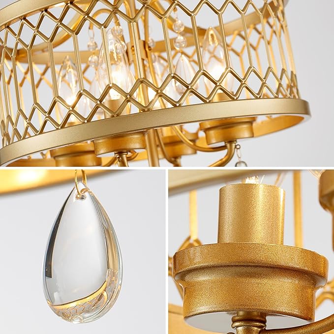 Crystal Ceiling Light Fixture, Farmhouse Semi Flush Mount Ceiling Light, Gold Crystal Chandeliers for Dining Room Light Fixture, Hallway Lighting Fixtures for Kitchen Bedroom Bathroom Foyer Entryway