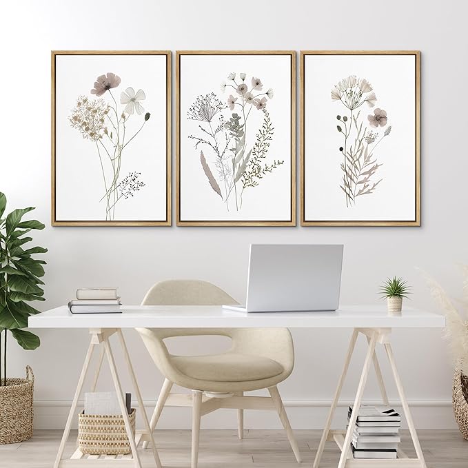 MUDECOR Framed Canvas Print Wall Art Watercolor Wildflower Art Print, Floral Botanical Prints, Minimalist Art, Modern Farmhouse for Bedroom - 16"x24"x3 Natural
