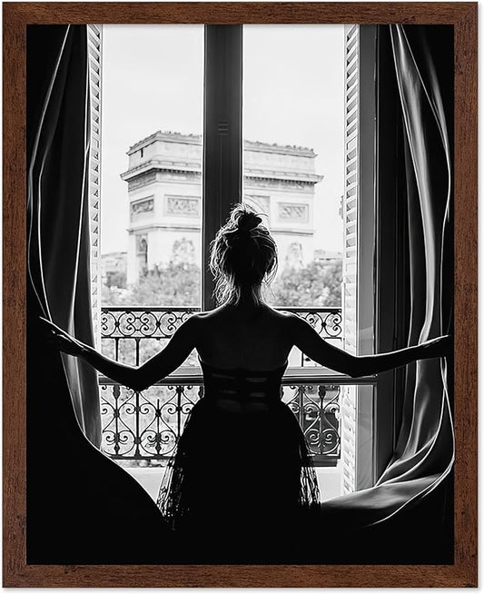 Poster Master Vintage Photograph Poster - Retro Minimalist Print - Girl In The Open Window, Black & White, Simple - Gift for Artist, Friend - Wall Decor for Living Room, Dorm, 16x20 Brown Framed