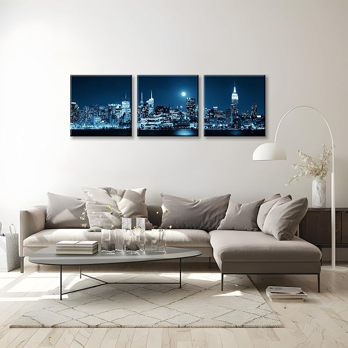 NAN Wind 3-Piece Modern Manhattan Night Skyline Canvas Art Blue Moon Urban Cityscape Wall Decor Contemporary NYC-Inspired Night View Panoramic Prints Framed City Canvas Set for Home Office Living Room