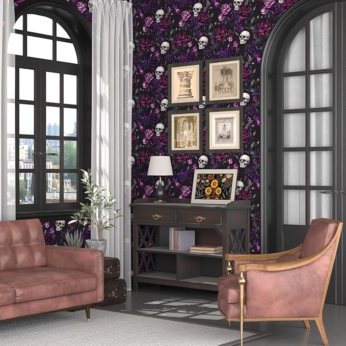Black Floral Wallpaper Peel and Stick 17.4" x 393" Gothic Floral Vintage Sugar Skull Contact Paper Removable Self Adhesive Waterproof Covering for Cabinet Drawers Home Decor