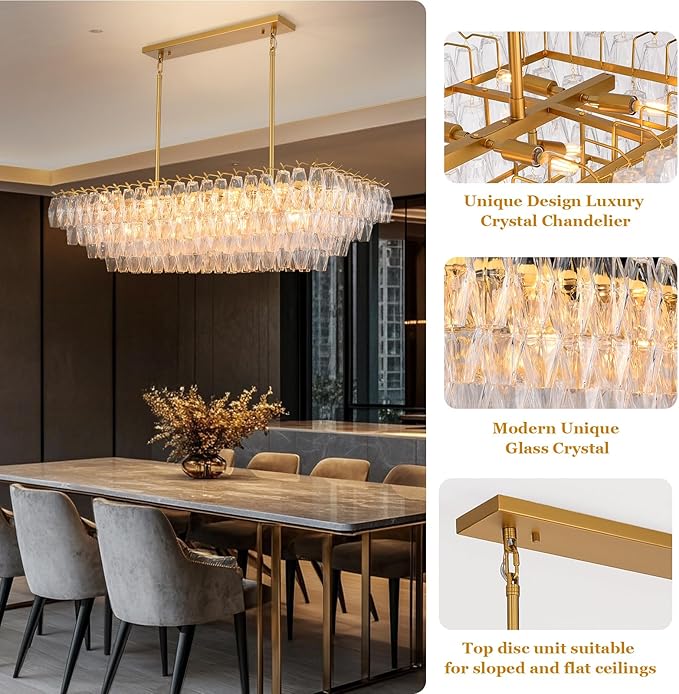 Modern Gold Rectangular Chandeliers for Dining Room, 14-Light 4 Tiered Crystal Brass Chandelier Over Dining Table, Glass Crystal Chandeliers for Kitchen Island, Long Chandelier for Living Room