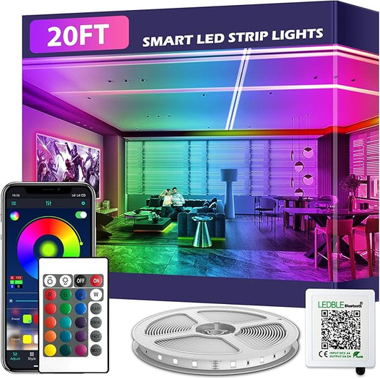 20FT Led Strip Lights,Long Smart Led Light Strips Music Sync 5050 RGB Color Changing Rope Lights,Bluetooth APP/IR Remote/Switch Box Control Led Lights for Bedroom,Home Decoration,Party,Festival