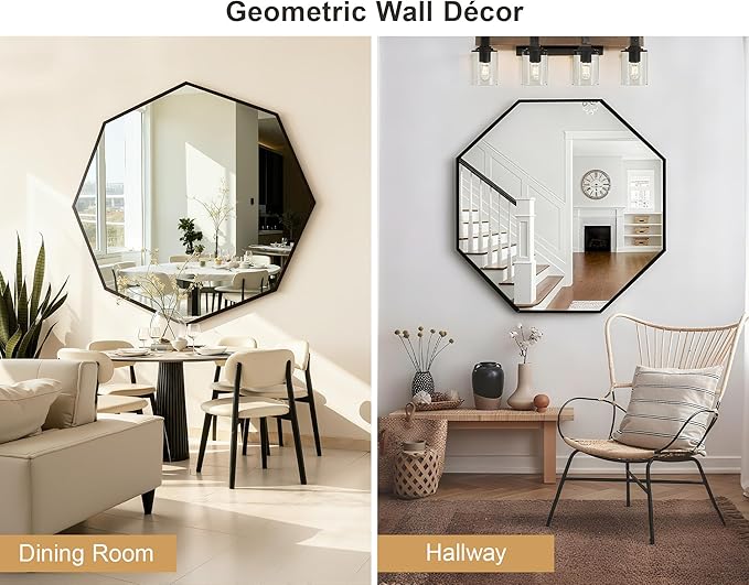 31" Wall Mounted Octagon Mirror, Bathroom Mirrors for Over Sink, Glassless Adhesive Decorative Mirror for Bathroom Entryway Vanity Living Room Dining Room Bedroom, Black