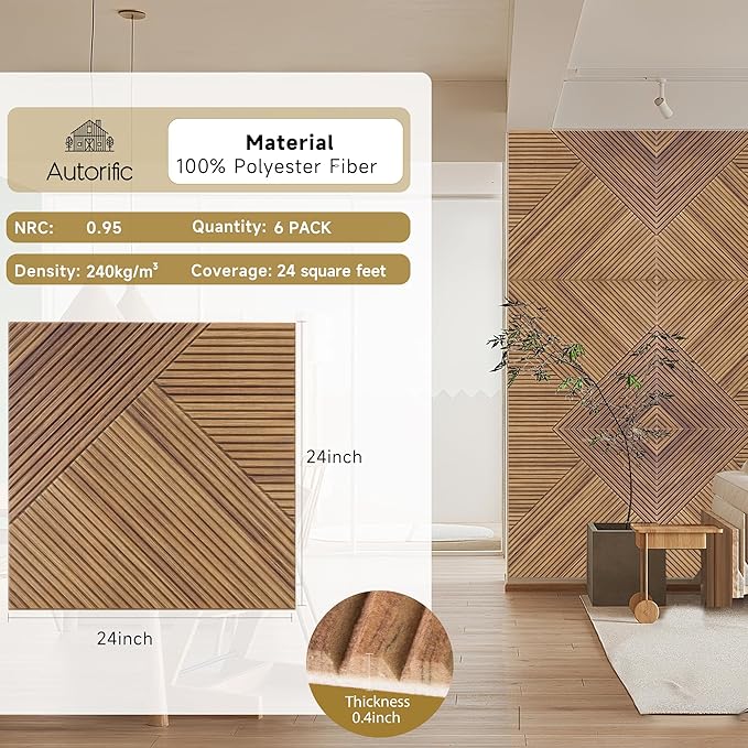 Acoustic Wall Panels,6 Pack Total Size 72 x 48 Inches,Self-Adhesive Decorative Acoustic Panels for Wall and Ceiling,3D UV Printing with Wood Look,Beech