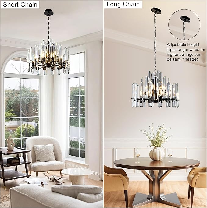 24" Black Chandelier, 12-Light Round Modern Crystal Chandelier for Dining Room, Luxury Adjustable Chain Chandeliers Pendant Light Fixture for Living Room, Bedroom, Foyer, Entryway, Kitchen