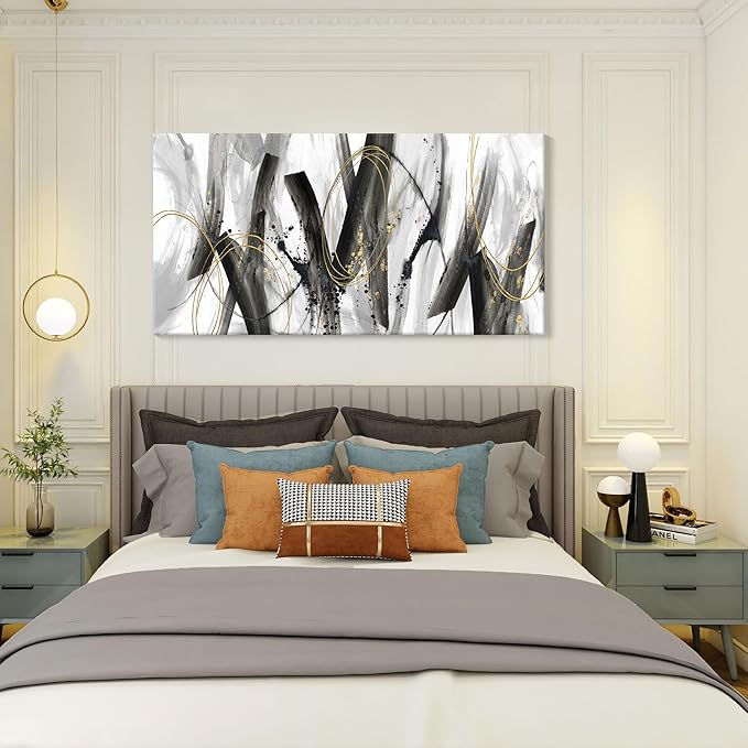 AJAZIKO Abstract Wall Art for Living Room - Large, Black and Gold Wall Art Decor, Office Pictures, Modern Artwork Paintings, Black and White Wall Decor - Ideal for Bedroom and Office Decorations