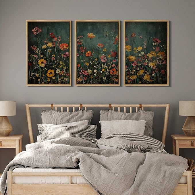MUDECOR Framed Wall Art Print Set Vintage Wildflower Meadow with Colorful Blooms Illustrations Modern Art Boho Decorative Colorful Chic for Living Room, Bedroom, Office - 16"x24"x3 Natural