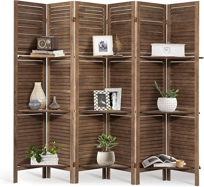 2 PCS Room Dividers 5.6FT Louvered Design 6 Panel Room Dividers with Display Shelves Folding Privacy Screens Portable Freestanding Partition Wall Dividers for Bedroom, Dark Brown