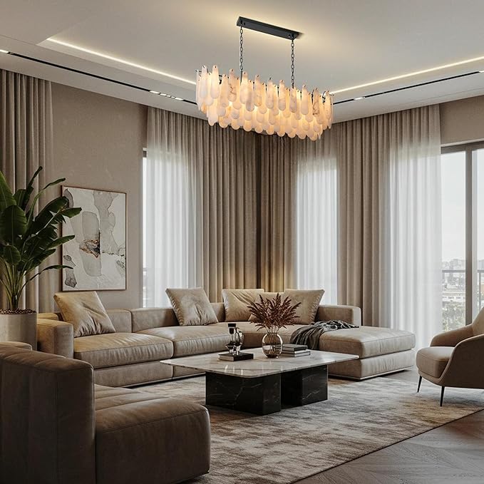 Chandeliers for Dining Room, L47.2 in Modern Alabaster Rectangle Black Chandelier, 4-Tiers Luxury Natural Stone Ceiling Light Fixture, White Marble Chandeliers for Kitchen Island Living Room Bedroom