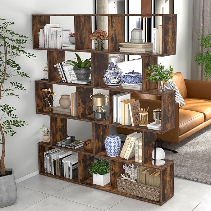 5 Tier Geometric Bookcase, S Shaped Bookshelf, Modern Decorative Storage Shelving, Wooden Room Divider Bookcase, 62.5" Tall Staggered Display Book Shelf for Living Room (2, Rustic Brown)