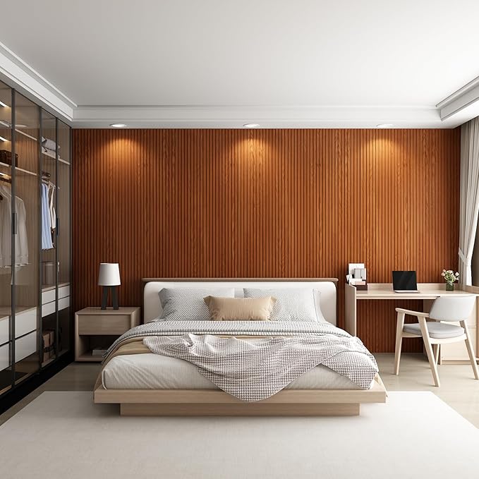 8-Pack WPC Wall Panels 108’’ x 6.3’’ 3D Slat Wall Panel Acoustic Wall Paneling for Interior Wall Decor TV Background Kitchen Bedroom Teak