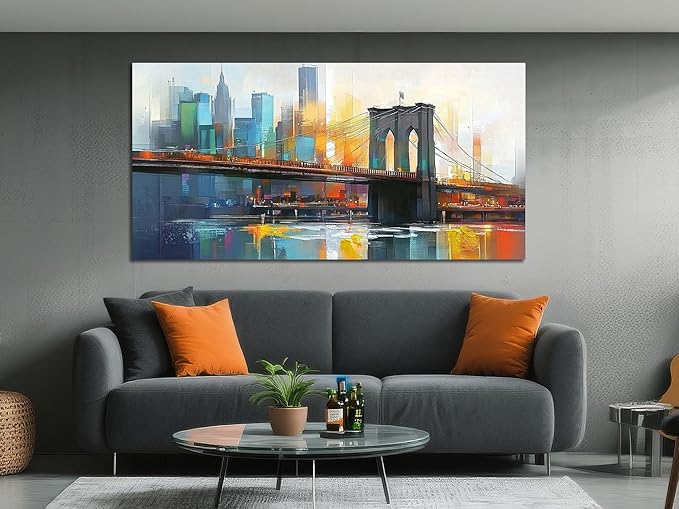 Arjun Cityscape Wall Art New York City Canvas for Living Room Painting Brooklyn Bridge Manhattan Bedroom Wall Art for Men Modern Picture Artwork Large Framed Home Office Wall Decor 48"x24"