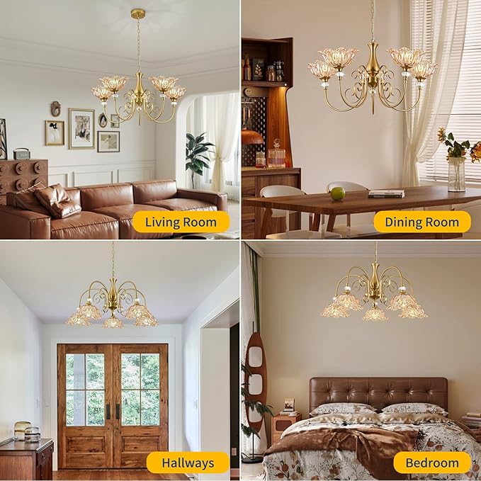 5-Light Vintage Chandeliers in Matte Brass Finish with Amber Glass Shades, Retro Chandelier Light for Dining Room,Hallway,Kitchen