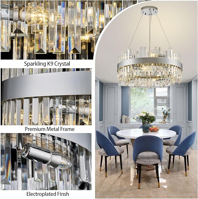 24'' Modern Chrome Crystal Chandeliers for Dining Room,2 Tiers 12 Lights Raindrop Round Chandelier Adjustable Height,Luxury Dimmable Pendant Ceiling Light for Living Room Kitchen Island Foyer