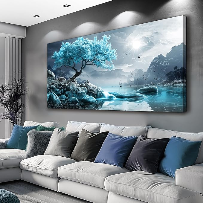 KELIYUAN Canvas Wall Art For Living Room Large Wall Decor For Bedroom Blue Tree Landscape Painting Black And White Wall Pictures Artwork Office Works Frame Canvas Art Modern Home Decoration 24x48in