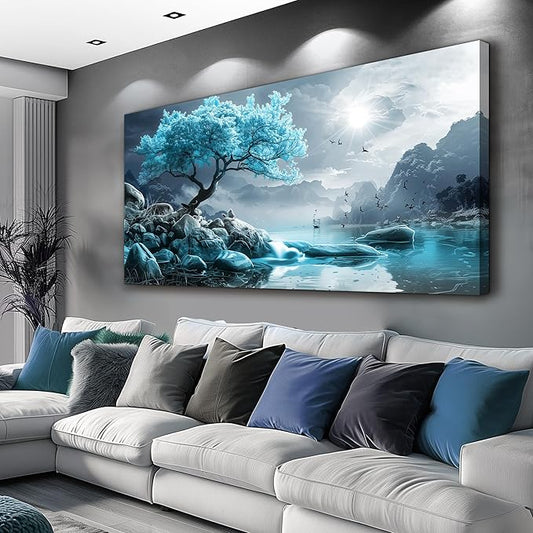 KELIYUAN Canvas Wall Art For Living Room Large Wall Decor For Bedroom Blue Tree Landscape Painting Black And White Wall Pictures Artwork Office Works Frame Canvas Art Modern Home Decoration 24x48in